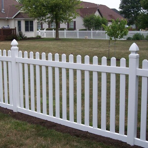 Murton white vinyl picket fence close view