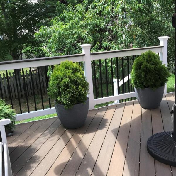 Halton White vinyl railing with potted plants alternate angle