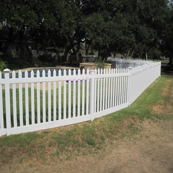 Burton white vinyl picket fence around pool