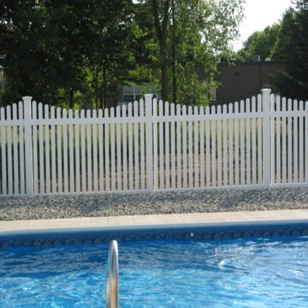 Rochdale white vinyl picket fence around pool