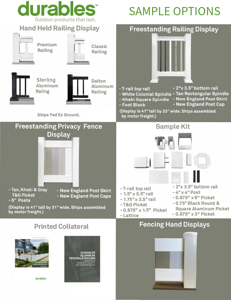 Sample options. Photos of a sample kit, handheld railing display, freestanding railing display, and freestanding fencing display